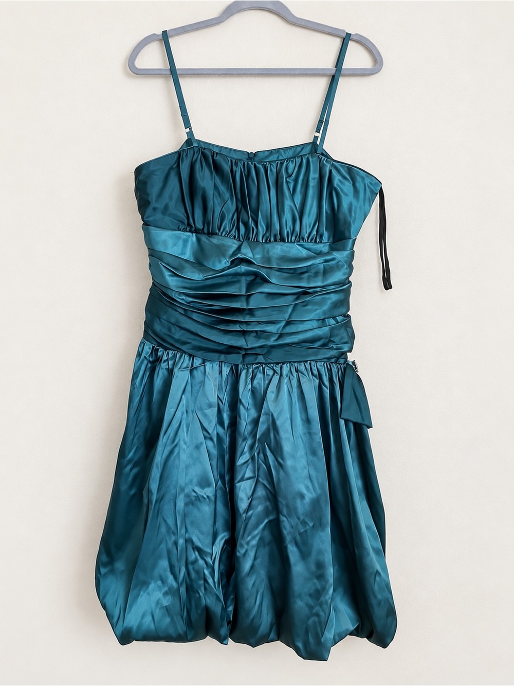 Nox USA Y2K Teal Satin Ruched Bubble Hem Rhinestone Cocktail Prom Dress
